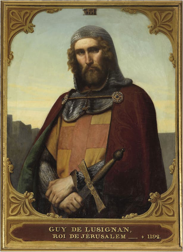 Portrait of a man wearing chain mail and a red cloak, holding a sword, with a cross emblem on his tunic, identified as Guy de Lusignan, King of Jerusalem, 1192.